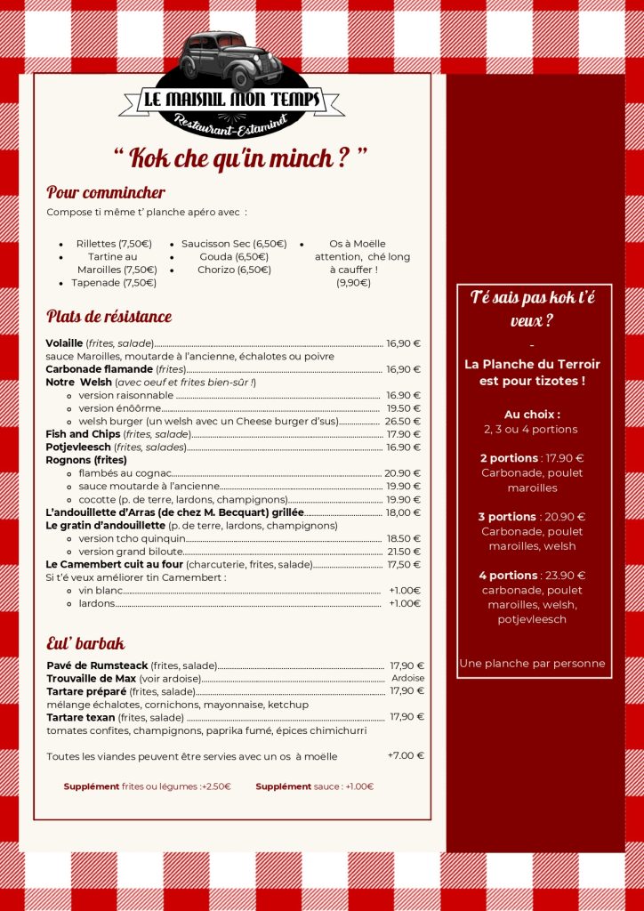 Menu avec les plats